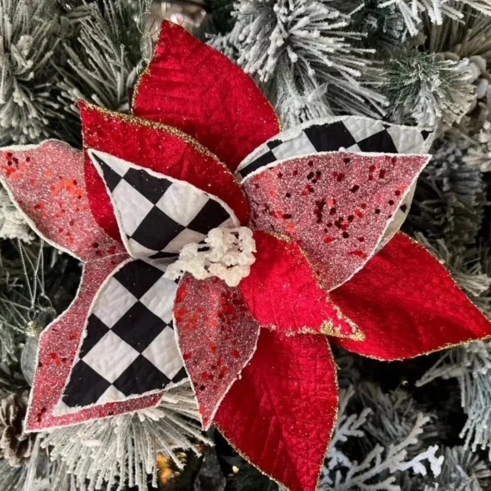 Velvet with Check Christmas Poinsettia Flower Stem Pick Holiday Craft Supplies